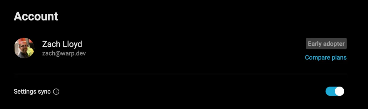 Settings Sync in Account pane